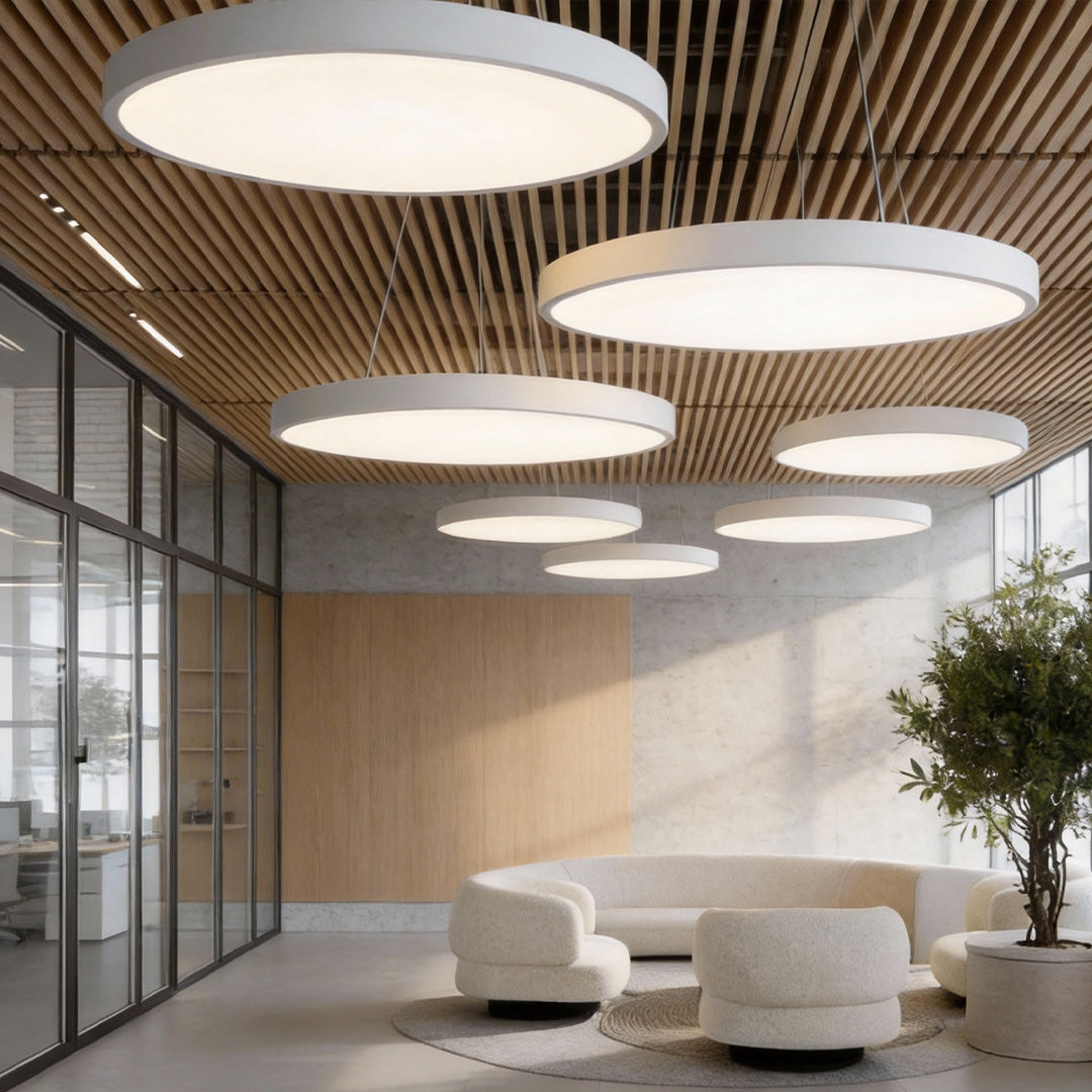 Ring pendant ceiling lights in a contemporary commercial lobby