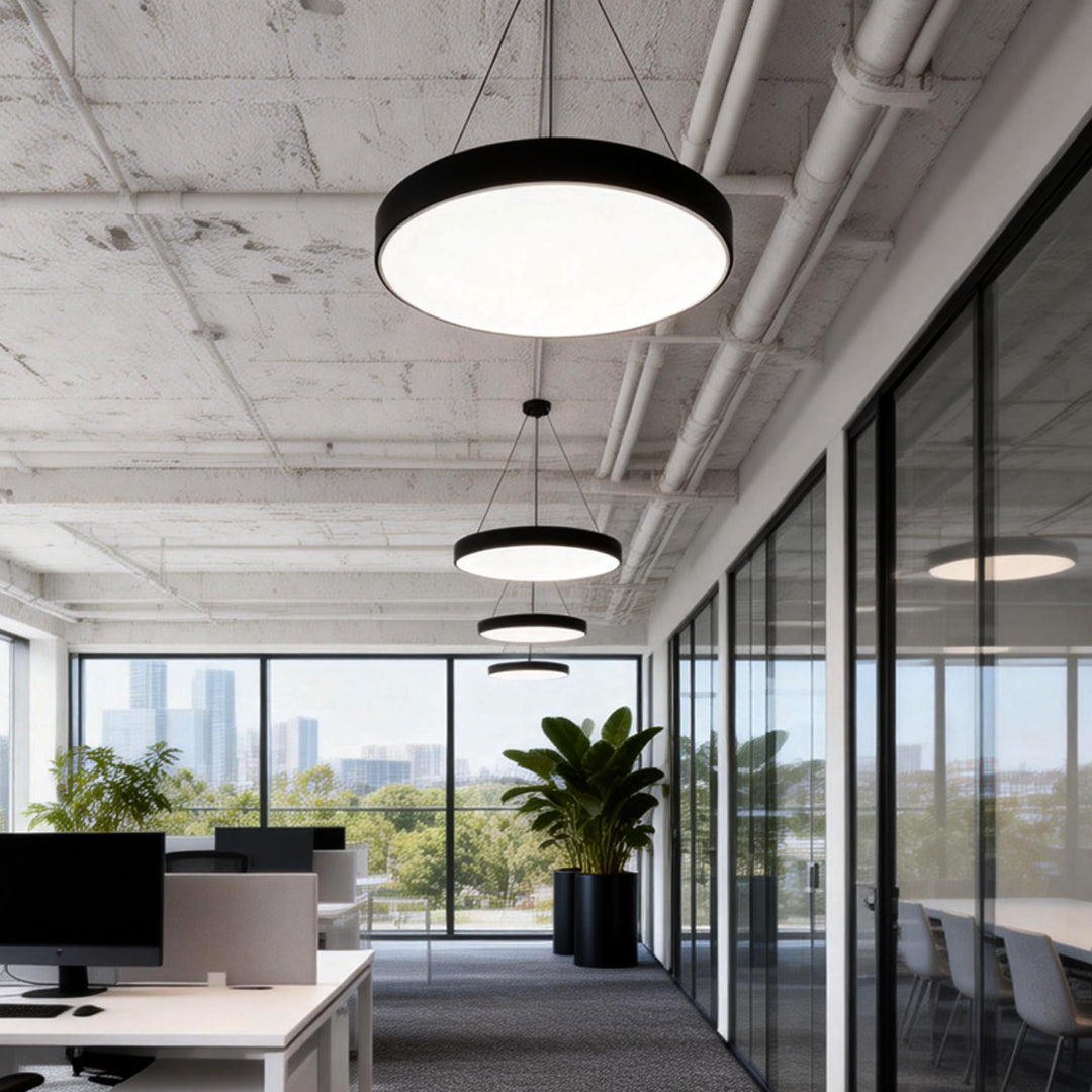Round pendant lights suspended from an open office ceiling, black iron frame