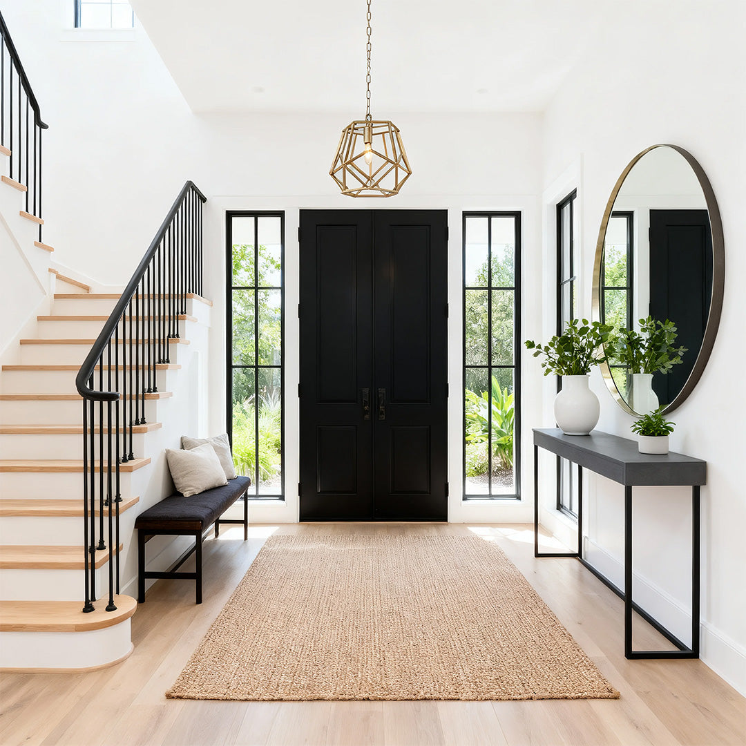 Gold modern pendant light in a spacious entryway with double black doors and contemporary console