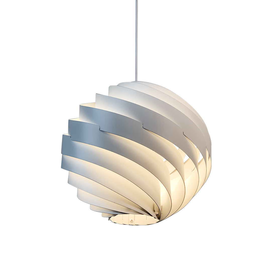 Aureon swirl pendant light in a contemporary bedroom, sculptural spiral ceiling light