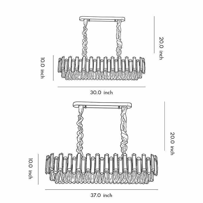 Technical size chart for Auréline oval crystal drum chandelier showing all oval variant dimensions