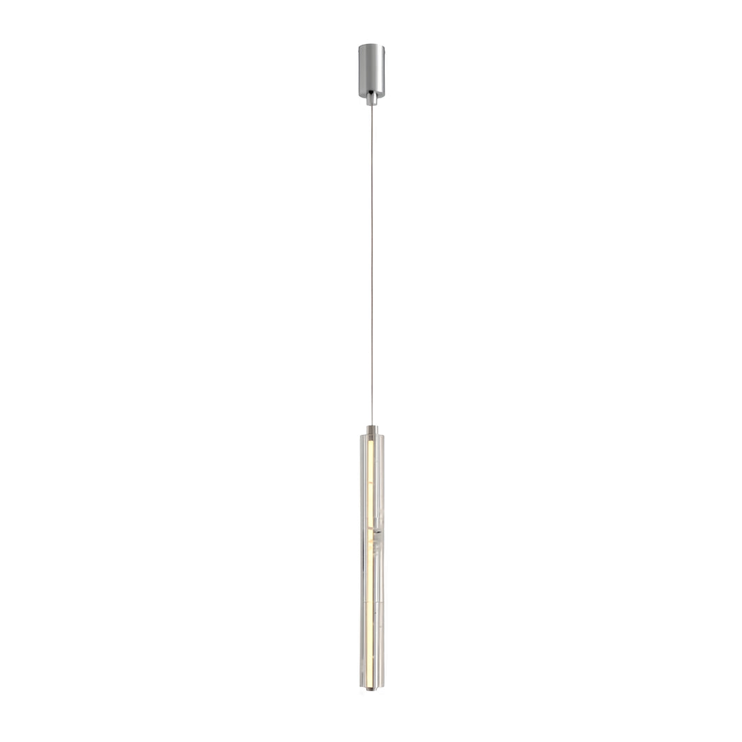 Three Aureon crystal pendant lights in varying lengths shown with dimension reference markings