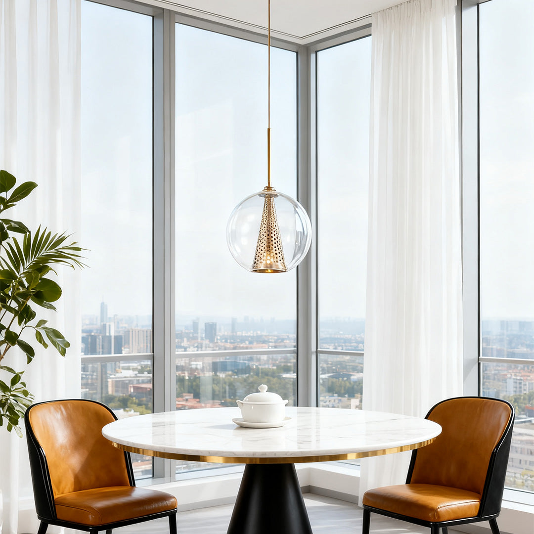 Aureon glass globe pendant light with rose gold perforated cone detail, modern ceiling light