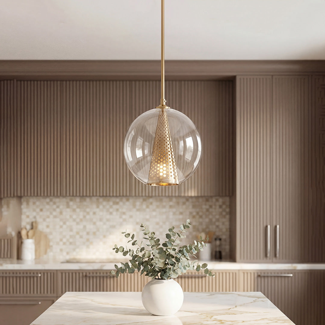 Aureon clear glass globe pendant light with gold perforated metal cone, modern ceiling light for dining rooms
