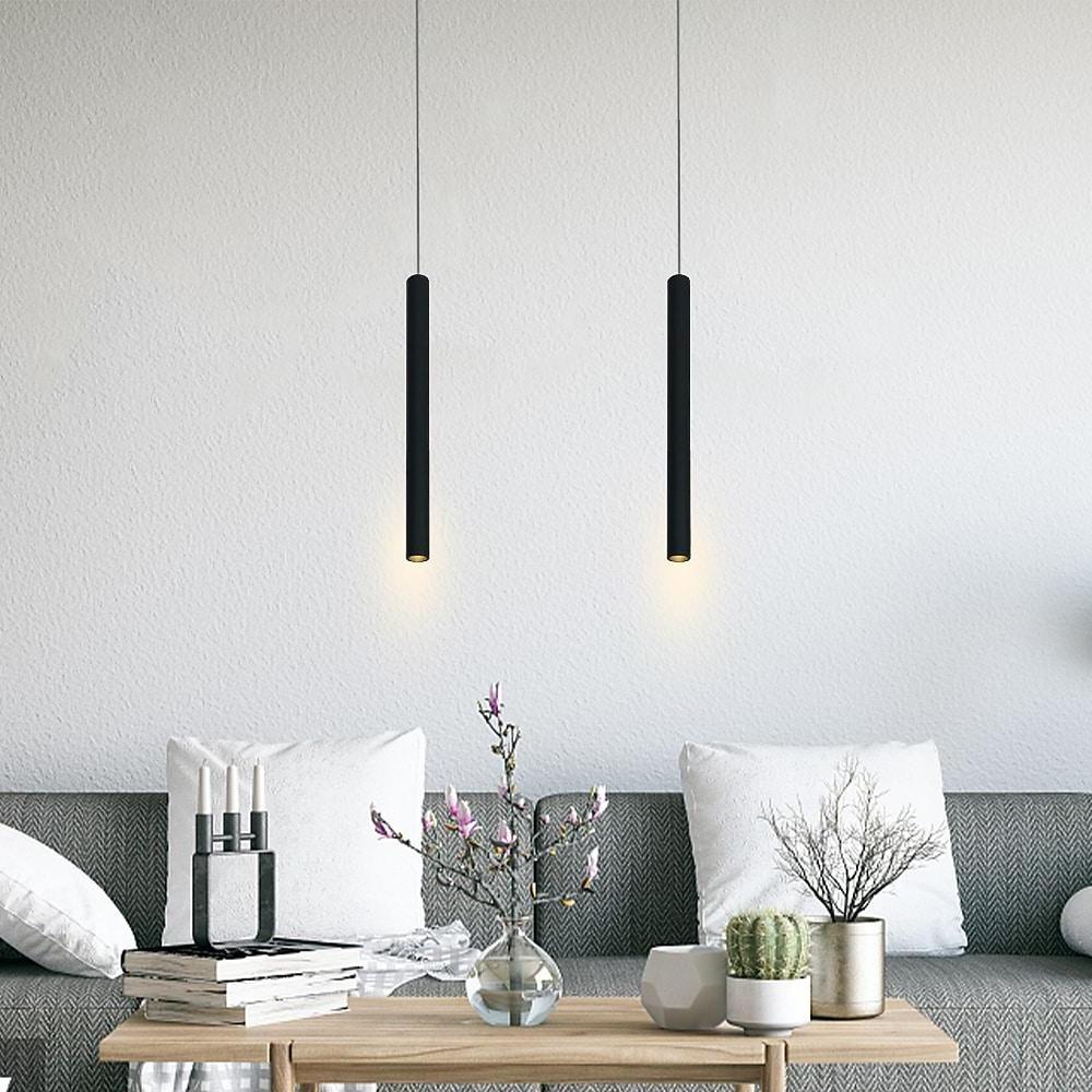 Aureon black slim pendant light detail, painted aluminum finish and steel suspension cord