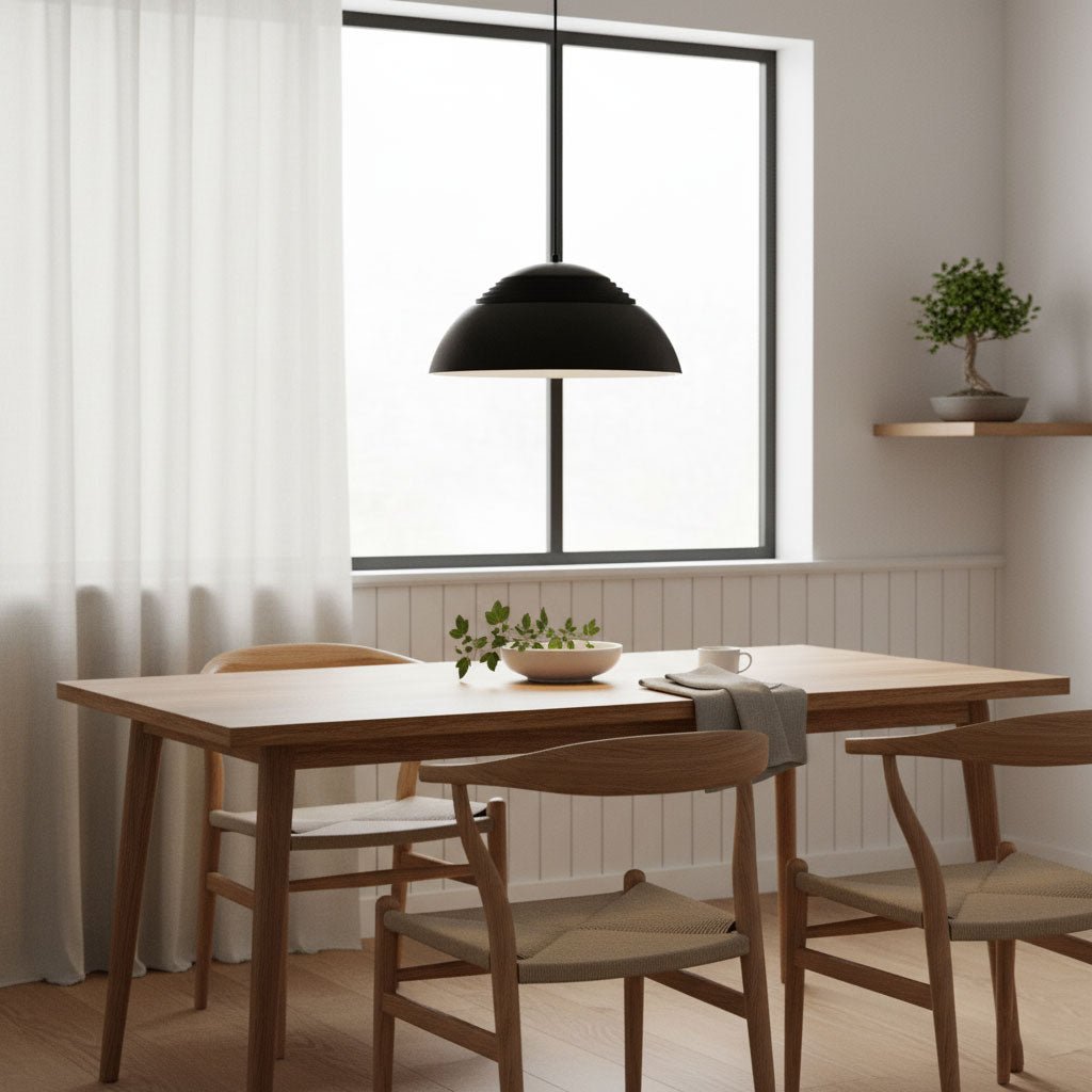 Side profile of the Vantara ridged drum pendant shade showing fluted detail and depth in matte white