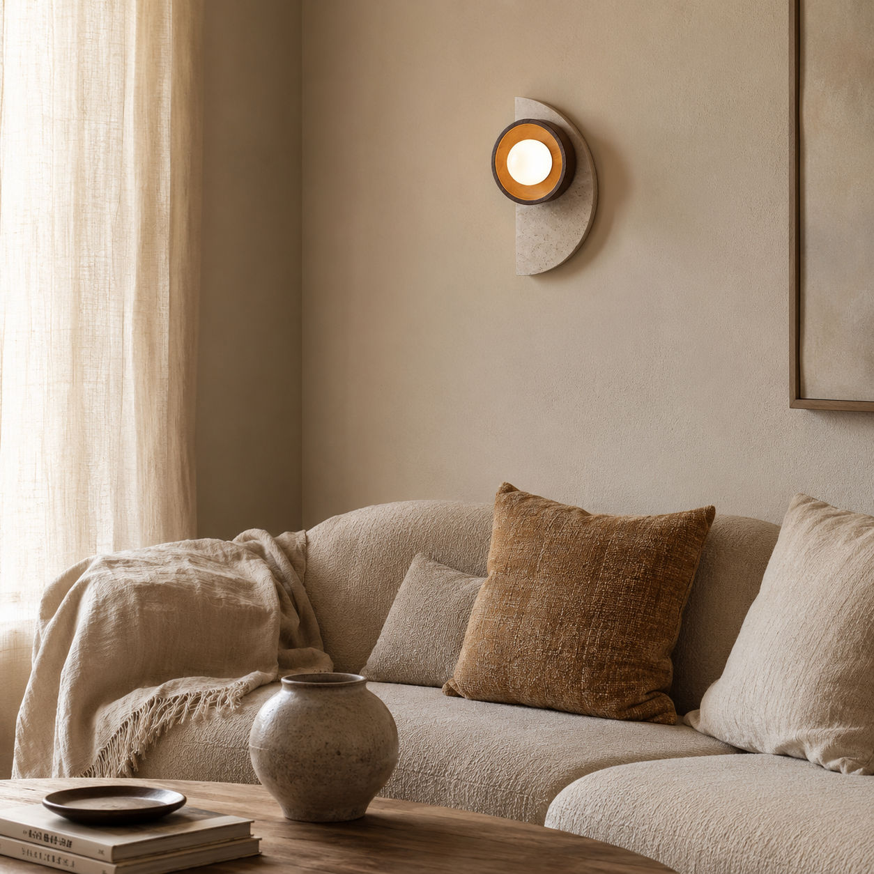 Ishi travertine wall light in wood colour finish styled in a minimal living room