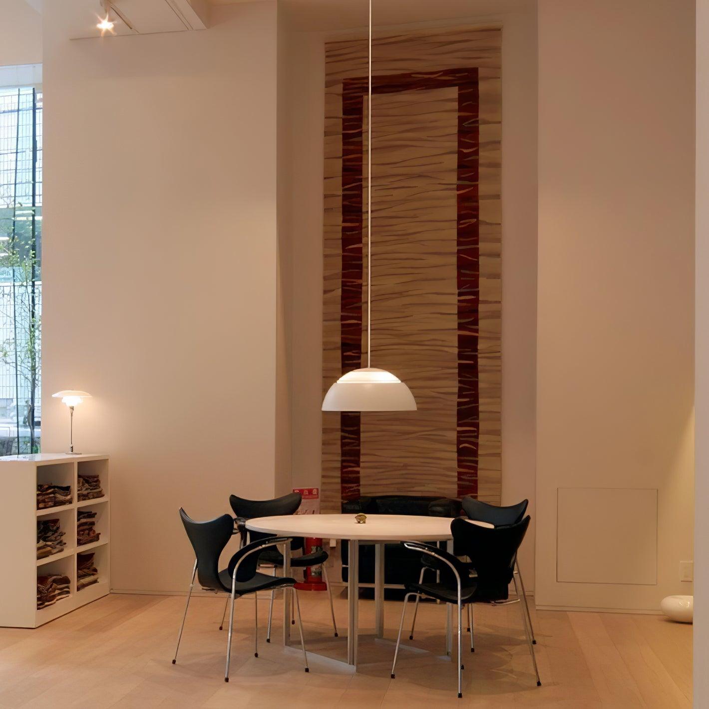 Vantara pendant light in matte white bottom-up view of open shade and bulb position