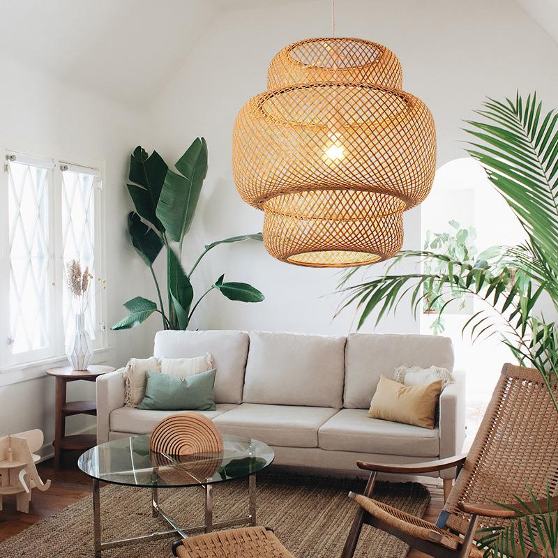 Aureon tiered woven bamboo pendant light with natural cylinder shade, front view