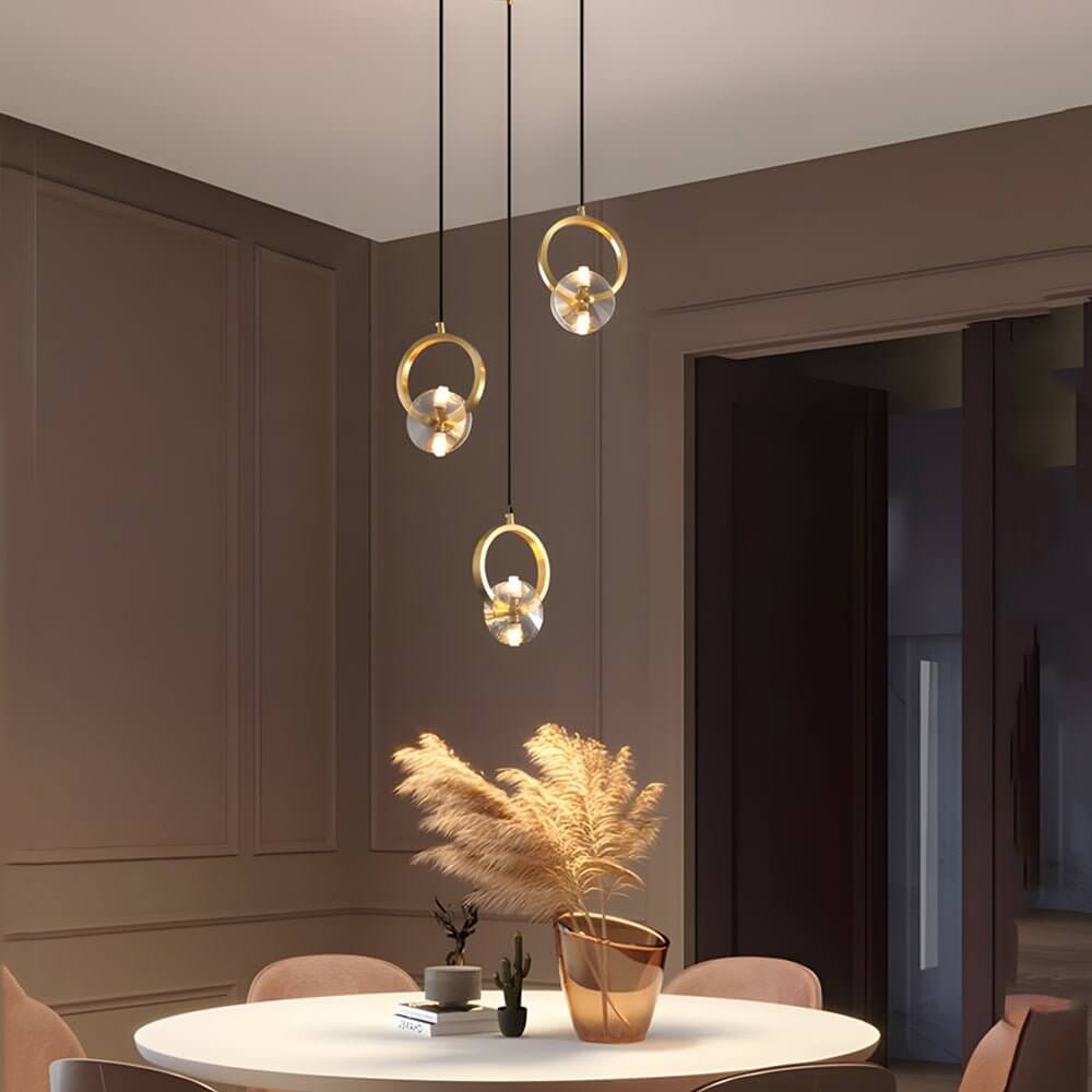 Close-up of clear crystal shade on Aureon copper pendant light showing light diffusion