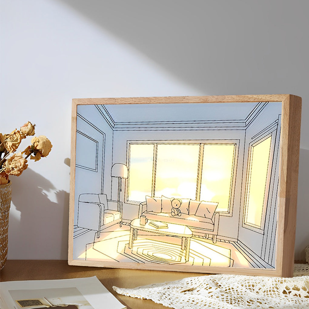 Alure touch-dimmable LED wall art light showing scene design detail, solid wood frame