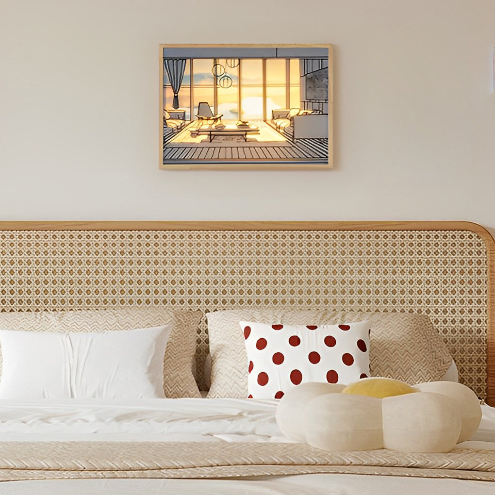 Alure LED light painting close-up of wood frame and acrylic panel, modern wall art light