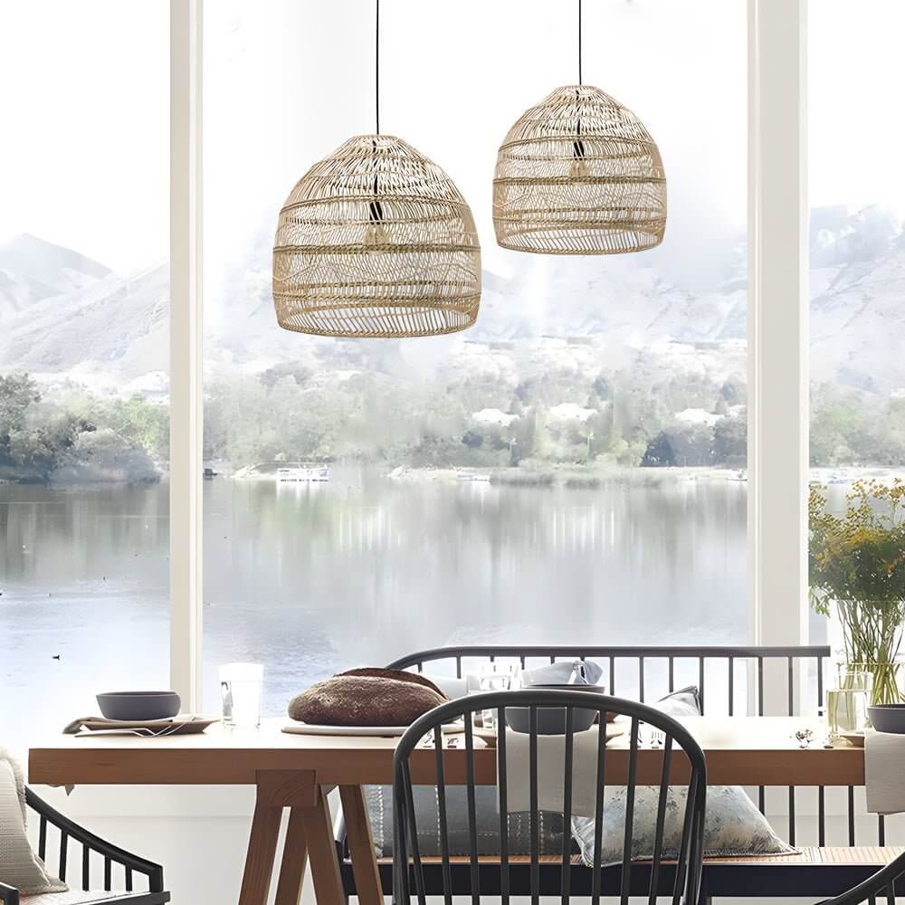 Close-up of hand-woven bamboo rattan dome shade on the Aureon pendant light showing texture detail