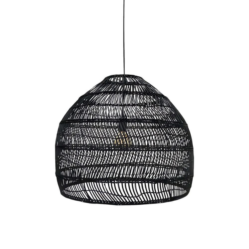 Aureon 15.7 inch rattan pendant light in a minimalist dining room with warm downward light