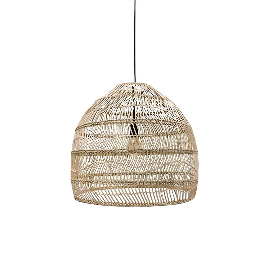 Side view of Aureon woven rattan dome pendant light showing dome profile and adjustable cord