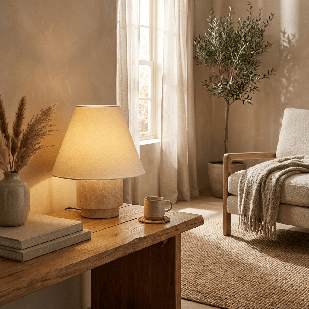Kione stone base table lamp styled on a reading desk with natural wood and linen accessories