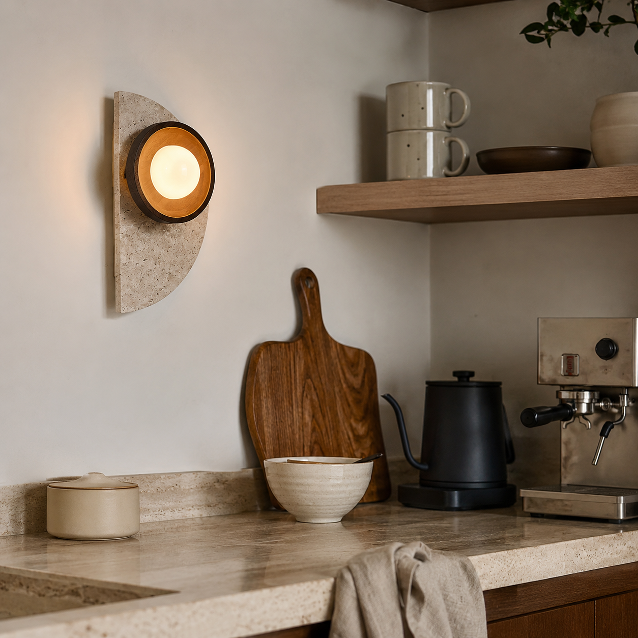 Travertine wall light with warm wooden diffuser mounted on a bedroom wall