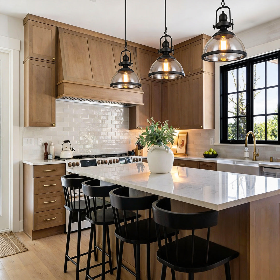 Aureon black iron glass pendant ceiling light, product detail shot