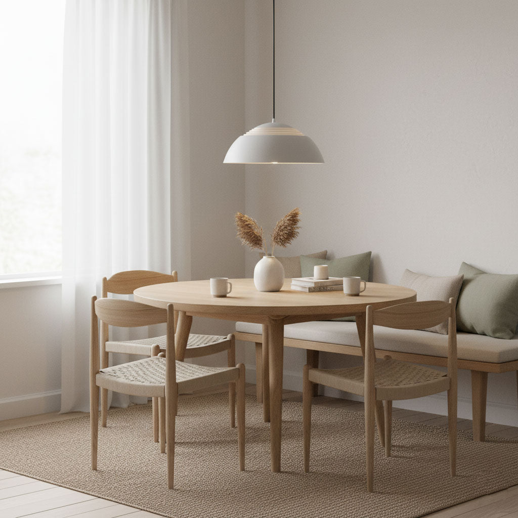 Vantara aluminium pendant light in white casting soft diffused glow from ridged shade in a living room