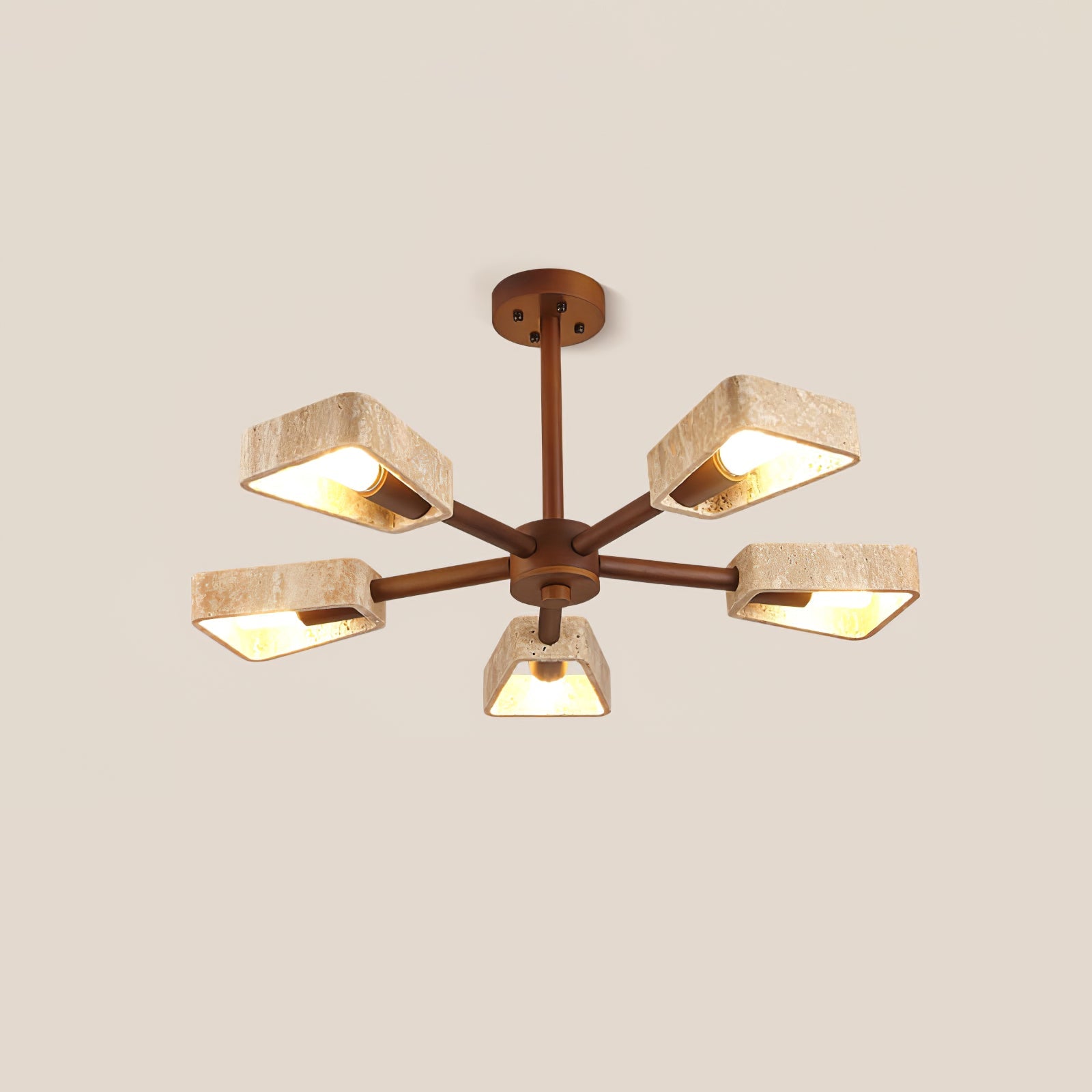 Travertine stone chandelier with warm ambient light in a Japandi dining room
