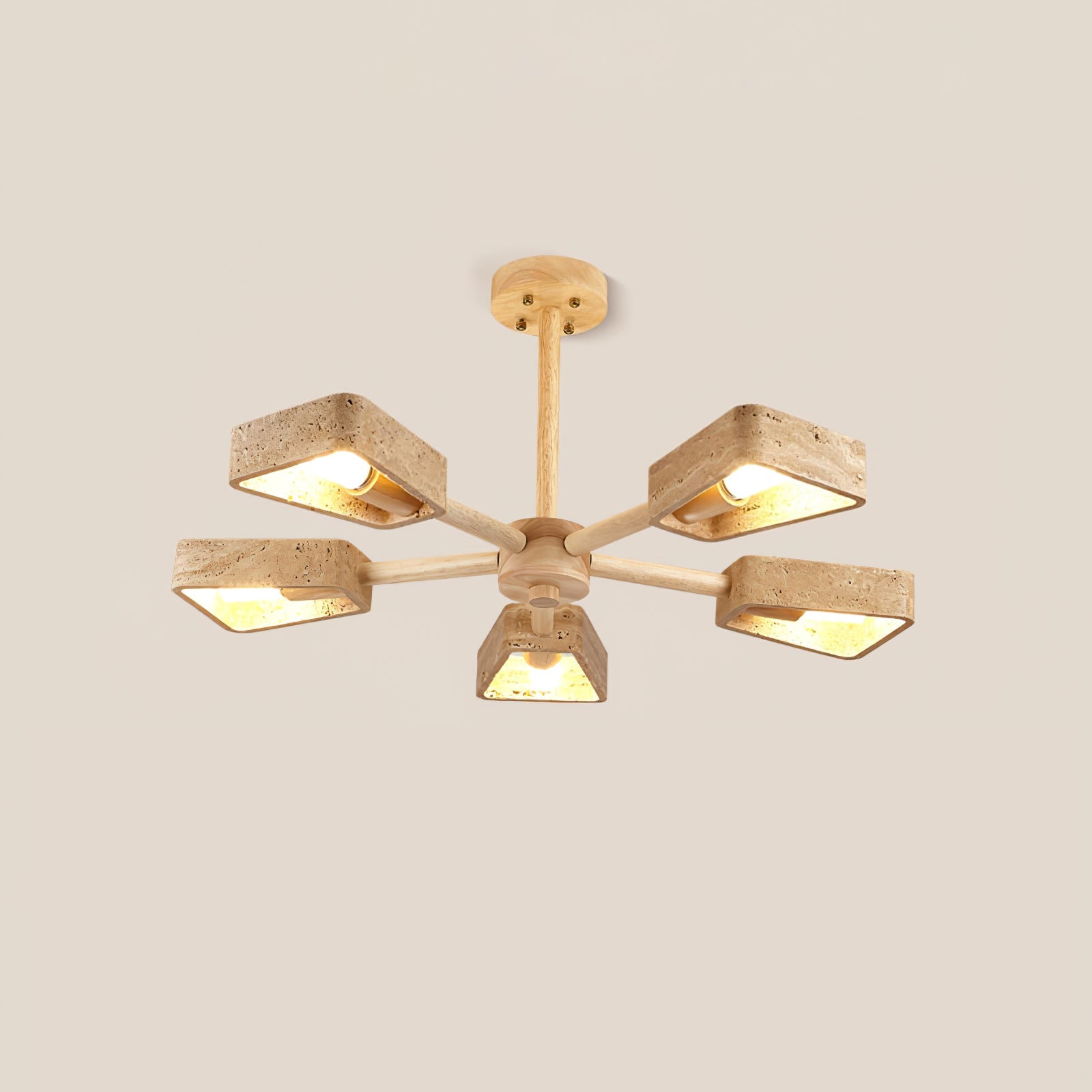 Underside view of Tomoe Travertine Wood Chandelier showing E27 bulb sockets and stone frames