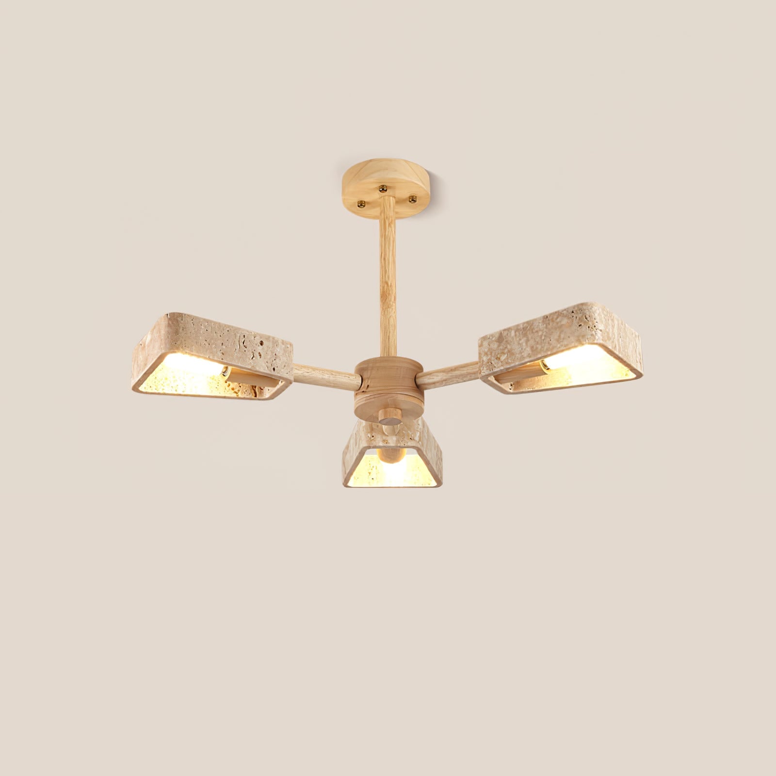 Yellow travertine and solid wood chandelier with open geometric frame, 3-head configuration