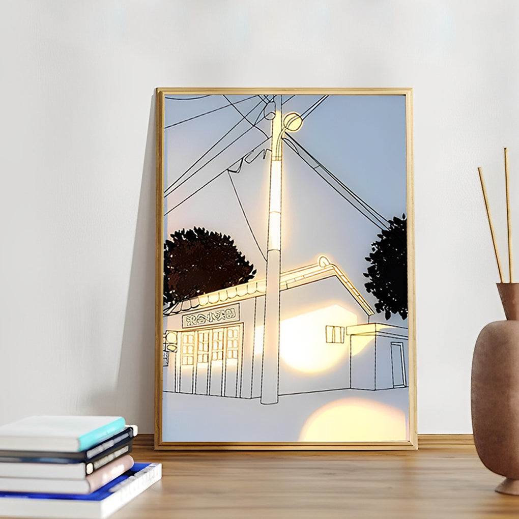 Alure wood frame LED light painting showing blue sky scene, modern minimalist wall light