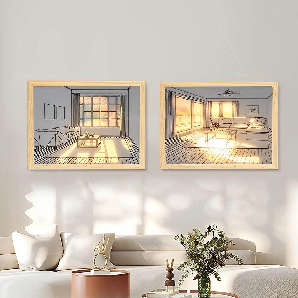 Alure dusk scene LED light painting, solid wood frame, warm contemporary wall art lighting