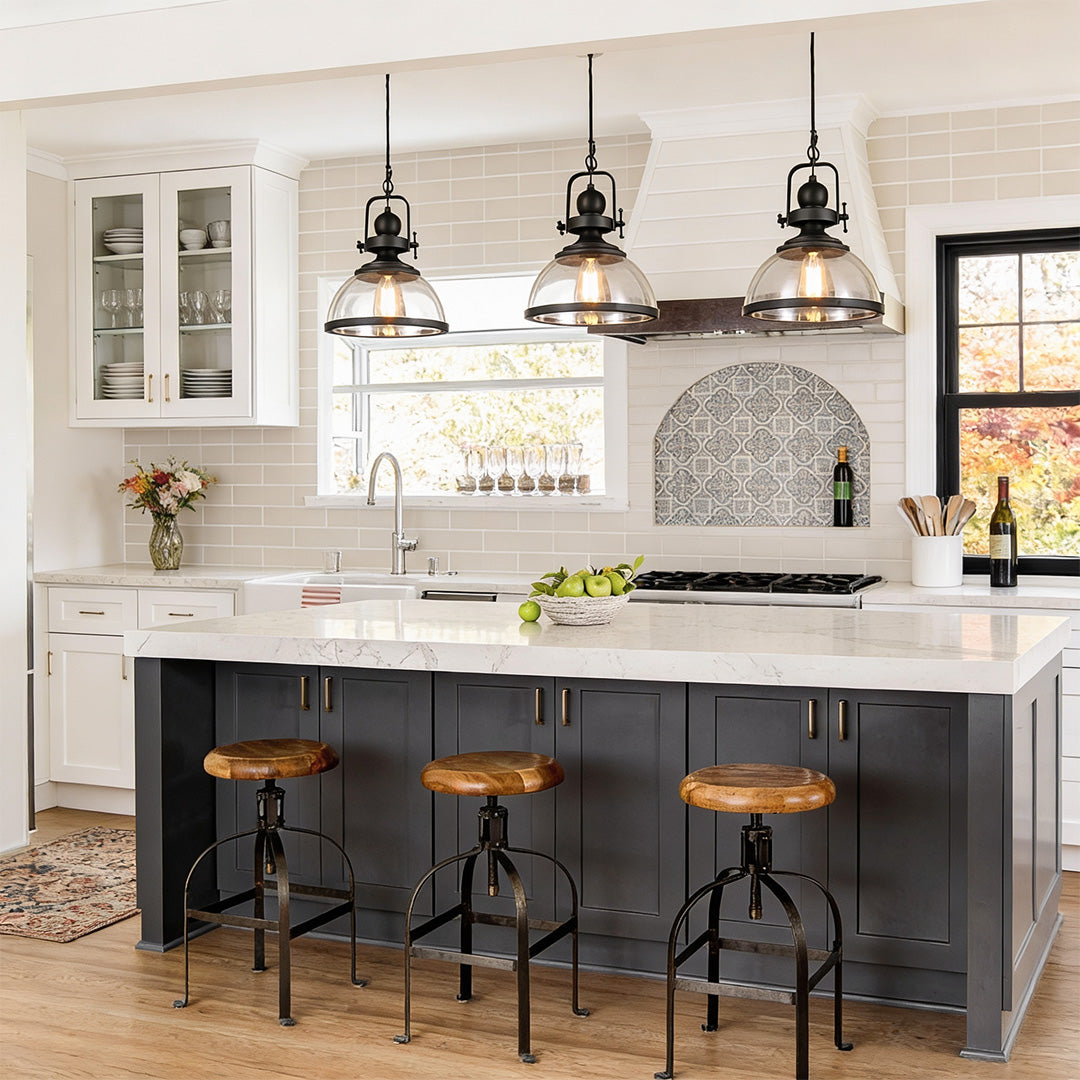 Aureon clear glass bowl pendant light with black iron frame, single light view