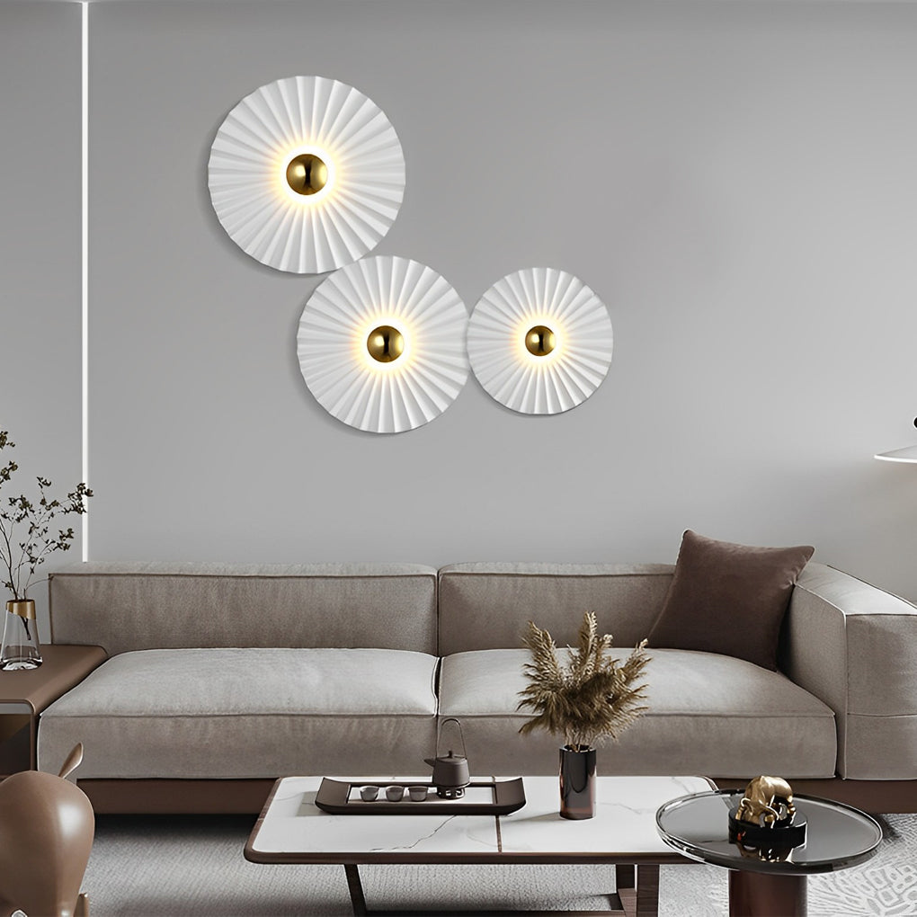 Alure white iron wall sconce unlit, used as decorative wall art in a modern corridor