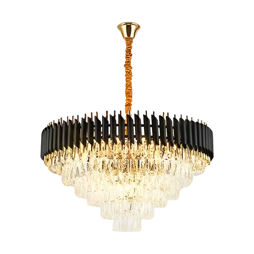 Auréline crystal glass chandelier detail, polished iron frame with refractive crystal panels