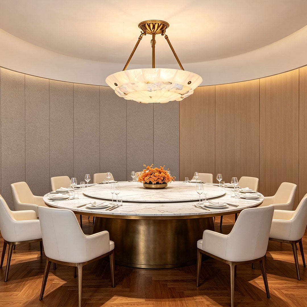 Auréline chandelier overhead view, round alabaster shade with brass-finish surround
