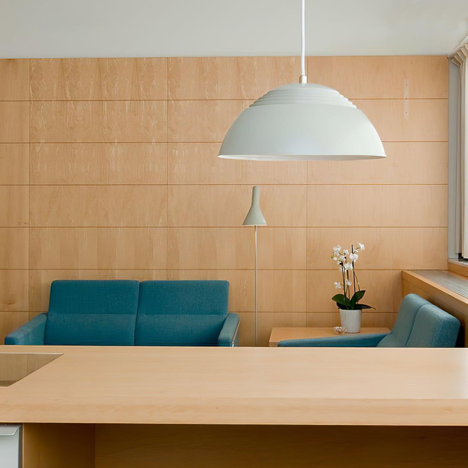 Vantara pendant light in matte black detail of shade from side showing height and form
