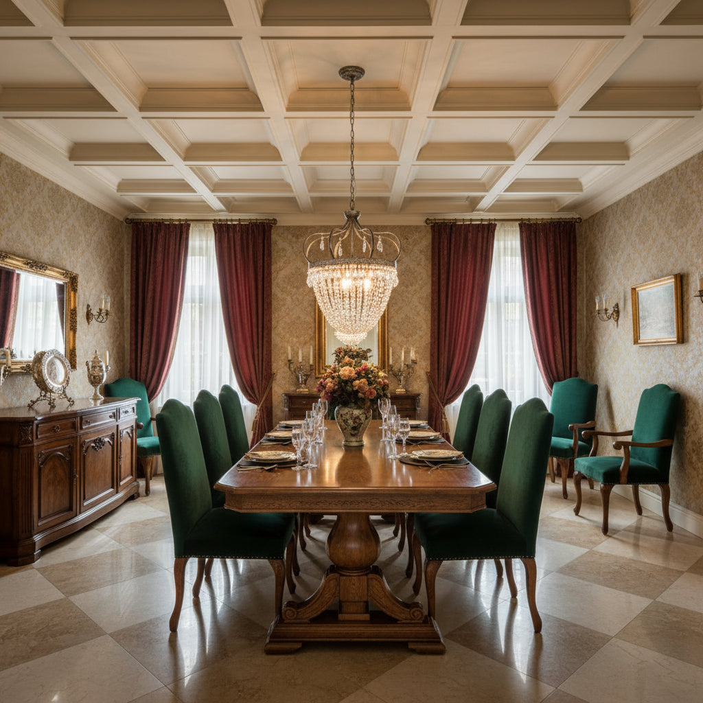 Vantara antique gold chandelier in a modern hallway with high ceilings