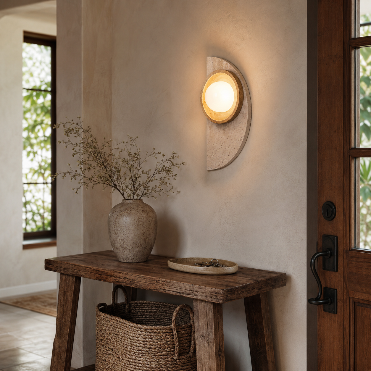 Ishi travertine wall light front view showing stone and wood material contrast