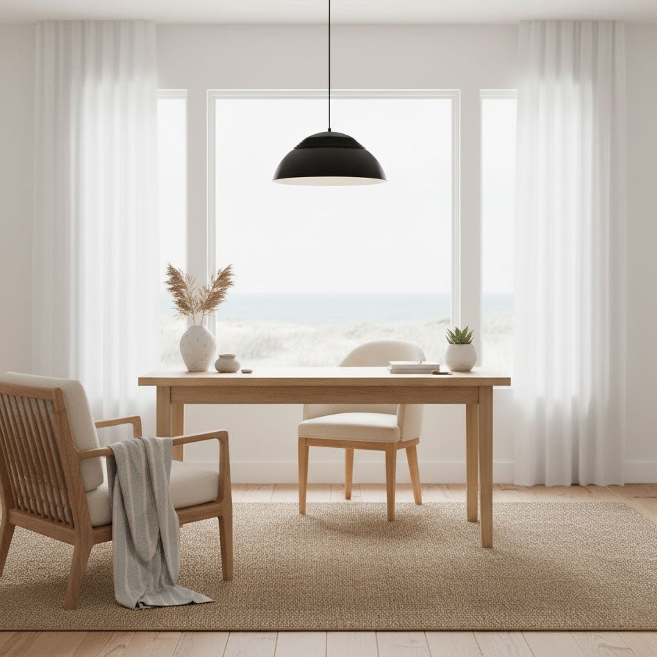 Vantara aluminium pendant light in matte white bottom-up view showing open shade and E27 bulb socket