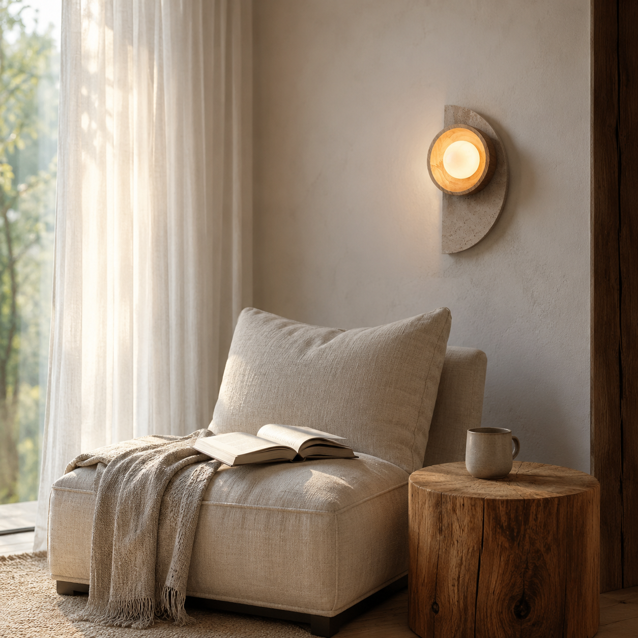 Natural stone and wood wall light casting ambient light in a Ishi-Sabi bedroom