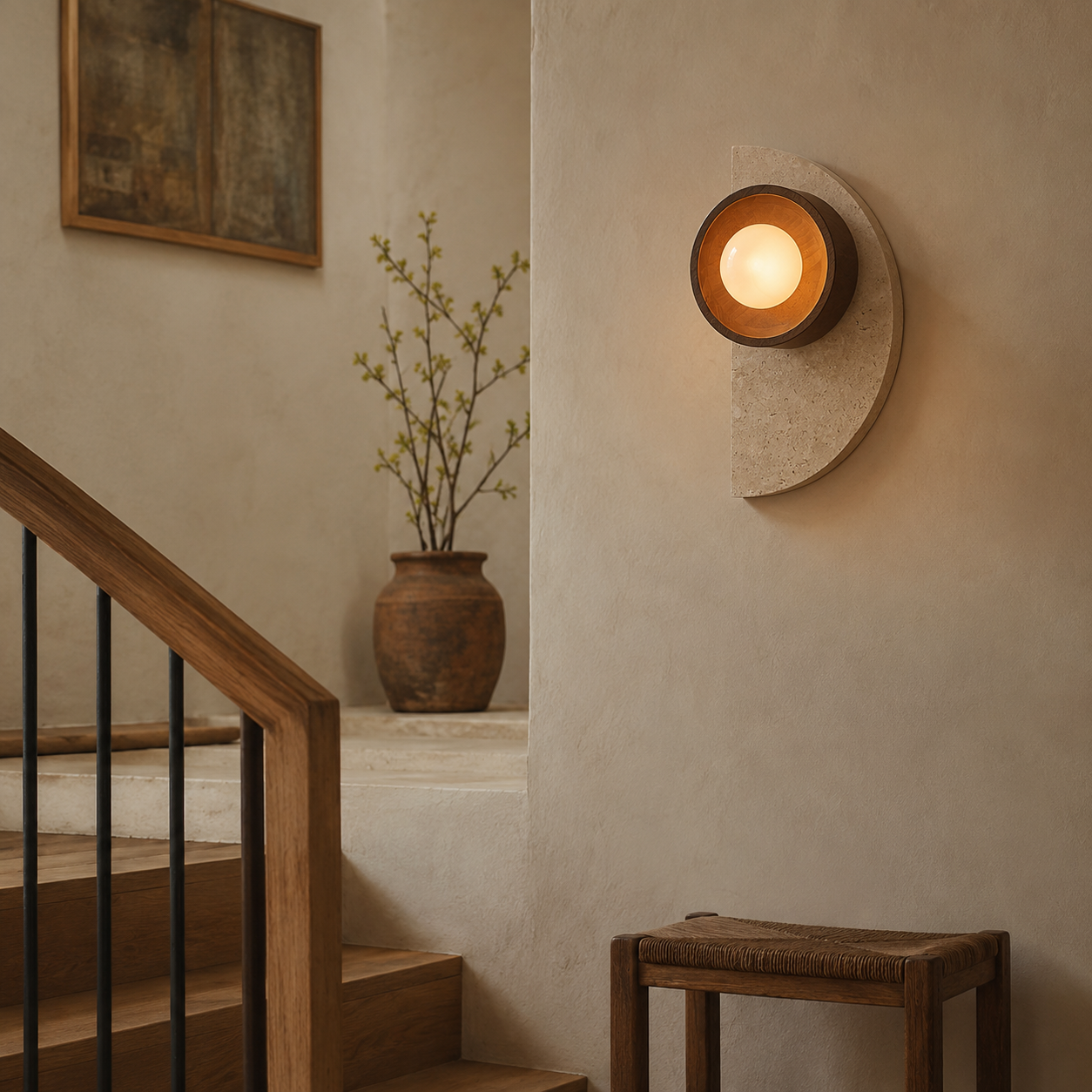 Ishi travertine wall light with glass diffuser illuminated against a white wall