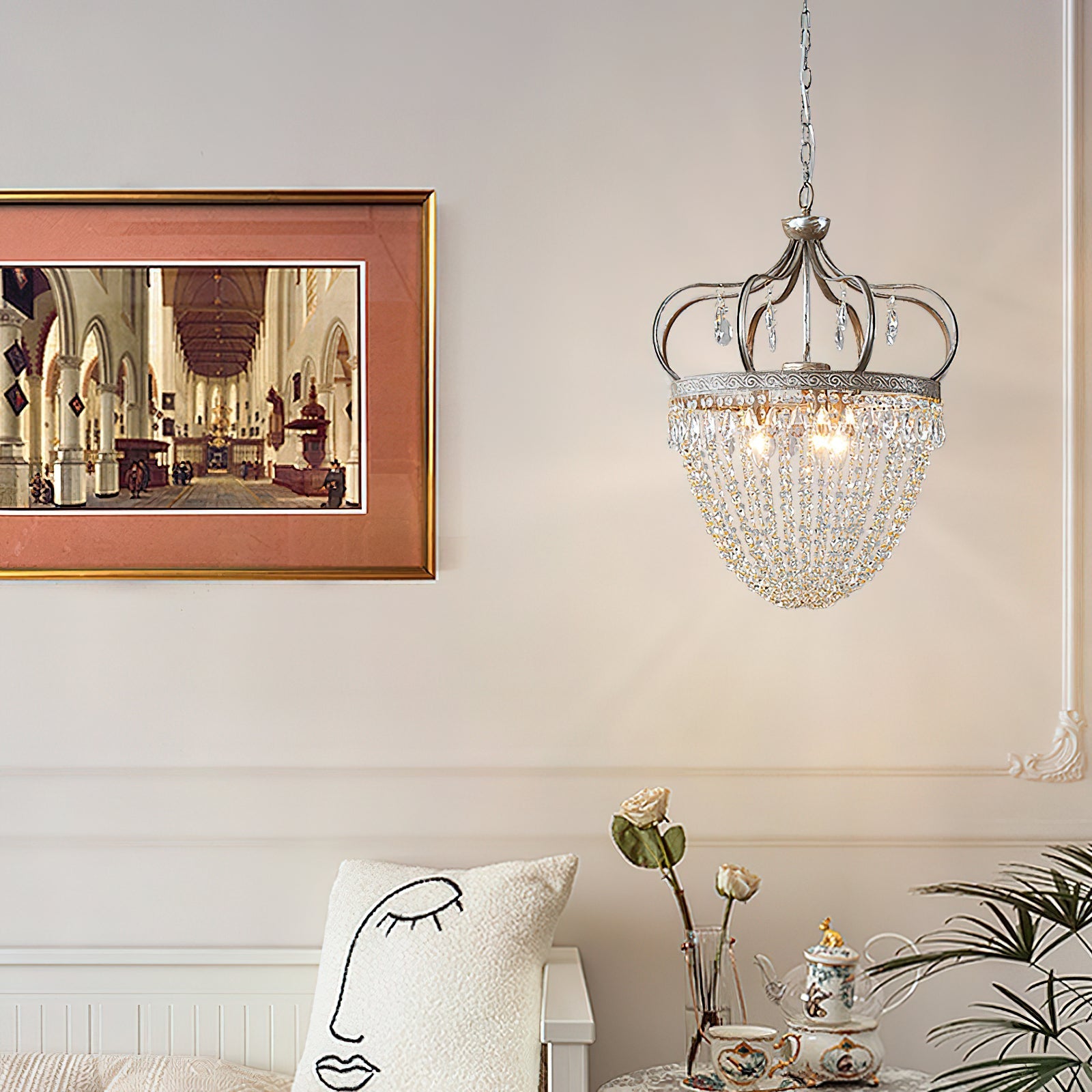 Vantara chandelier small D 27 cm shown in a dining nook, silver finish
