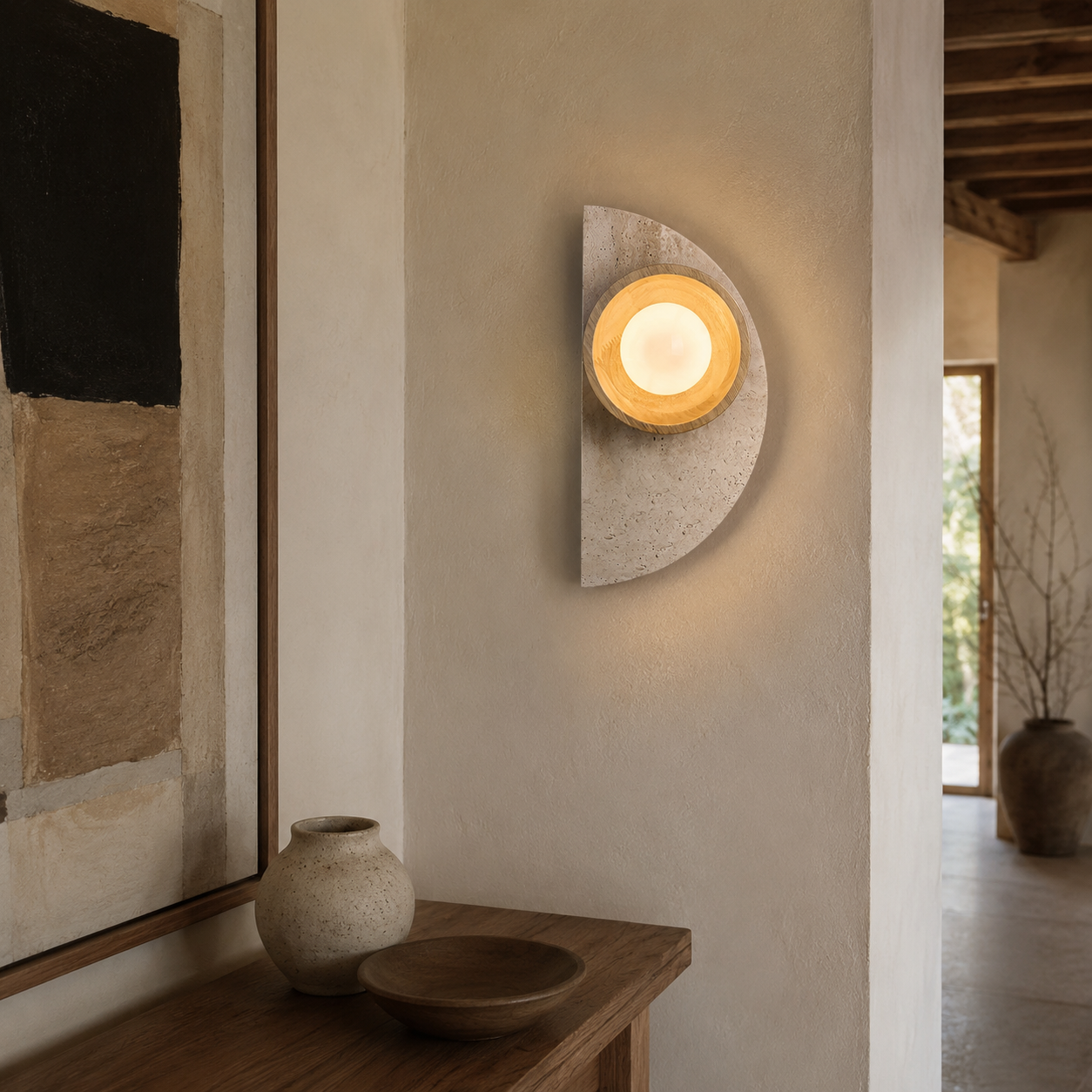 Ishi travertine wall light product detail showing natural stone and walnut wood finish