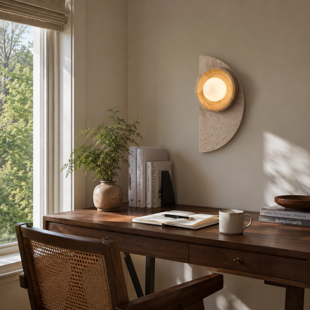 Ishi wall light full product shot showing yellow travertine, wood bowl, and metal hardware