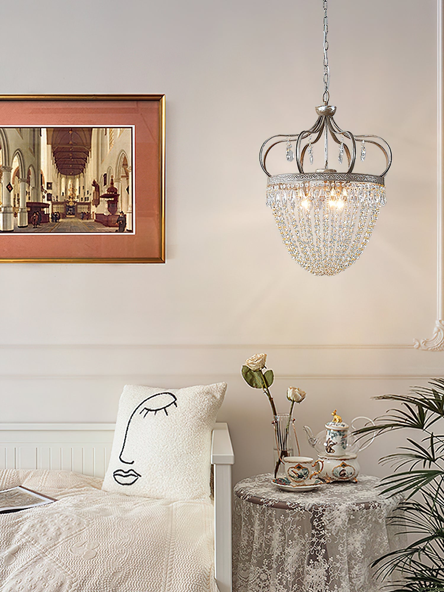 Vantara crystal teardrop chandelier in antique silver, unlit product shot on white
