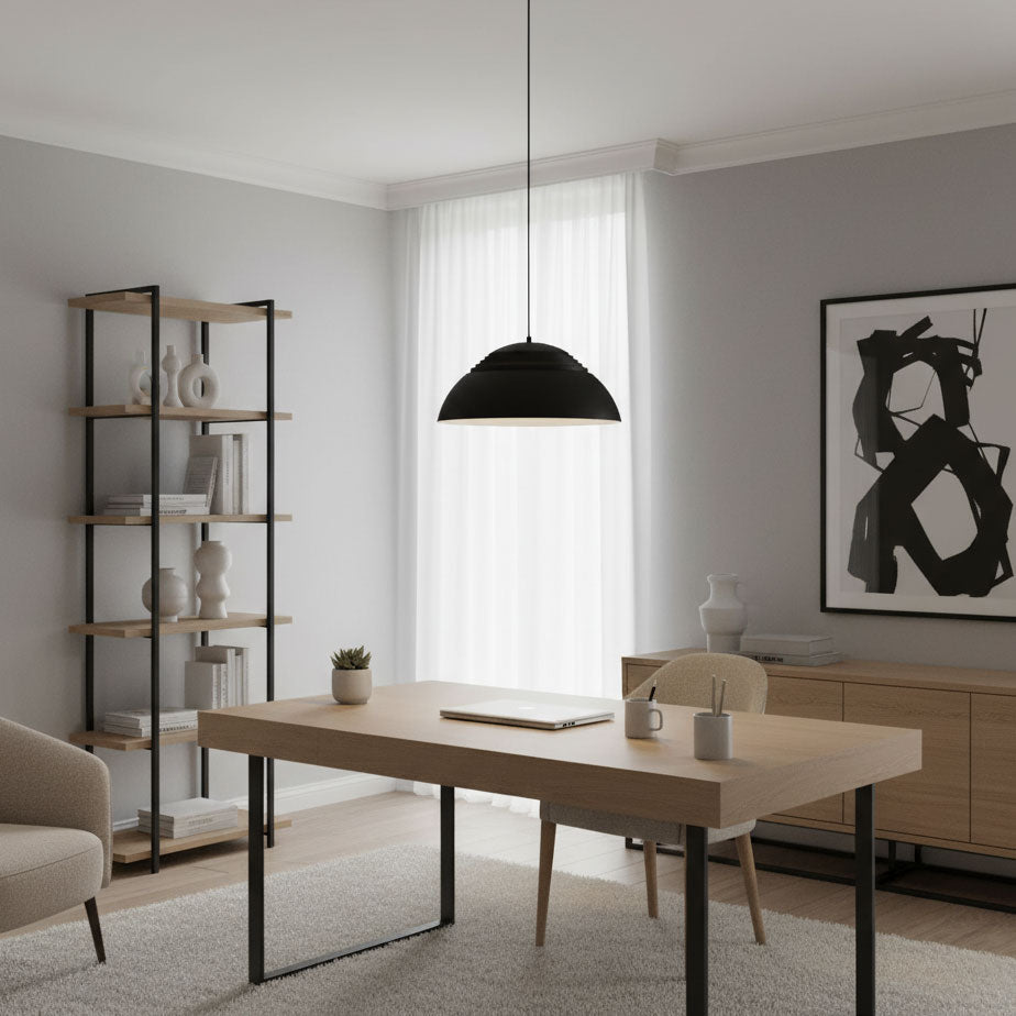 Vantara 50 cm drum pendant light in matte white above a wide kitchen island in a contemporary kitchen