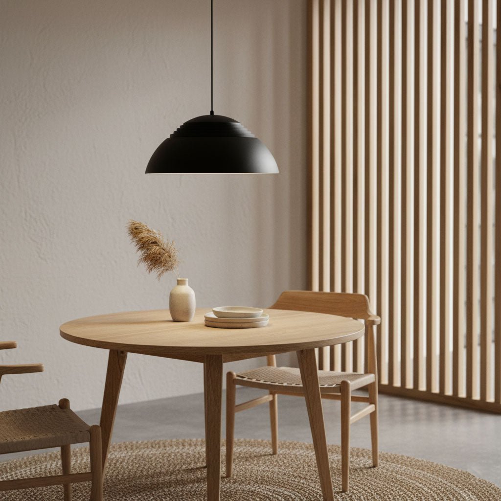 Vantara small 37.5 cm pendant light in matte white above a compact dining nook in a modern apartment