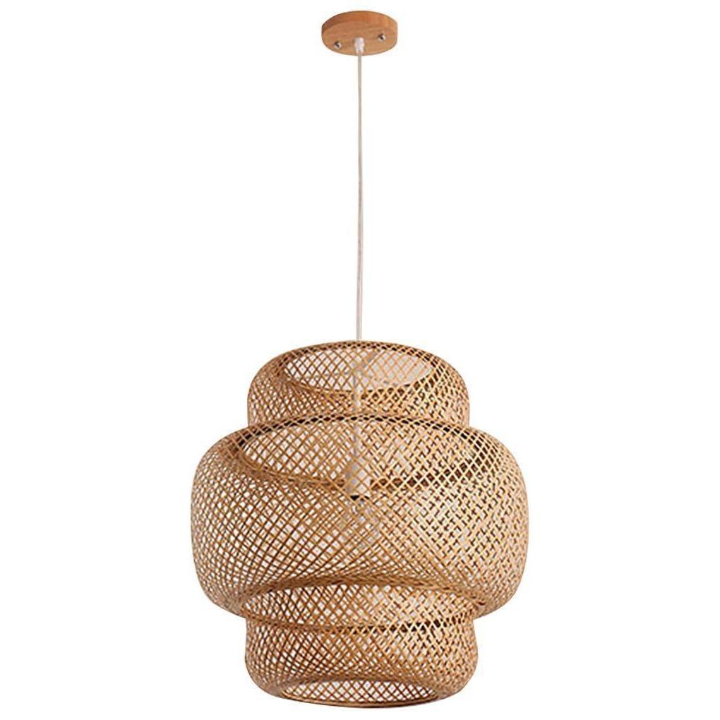 Modern woven bamboo cylinder pendant light in a calm, natural interior setting