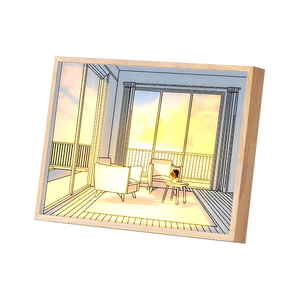Alure dimmable LED light painting with solid wood frame, set of multiple panels styled on a wall