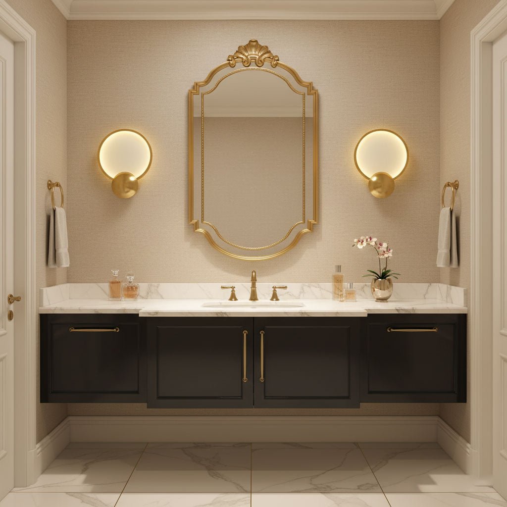 Front-facing view of the Sayo Sayo wall light with integrated LED and gold finish