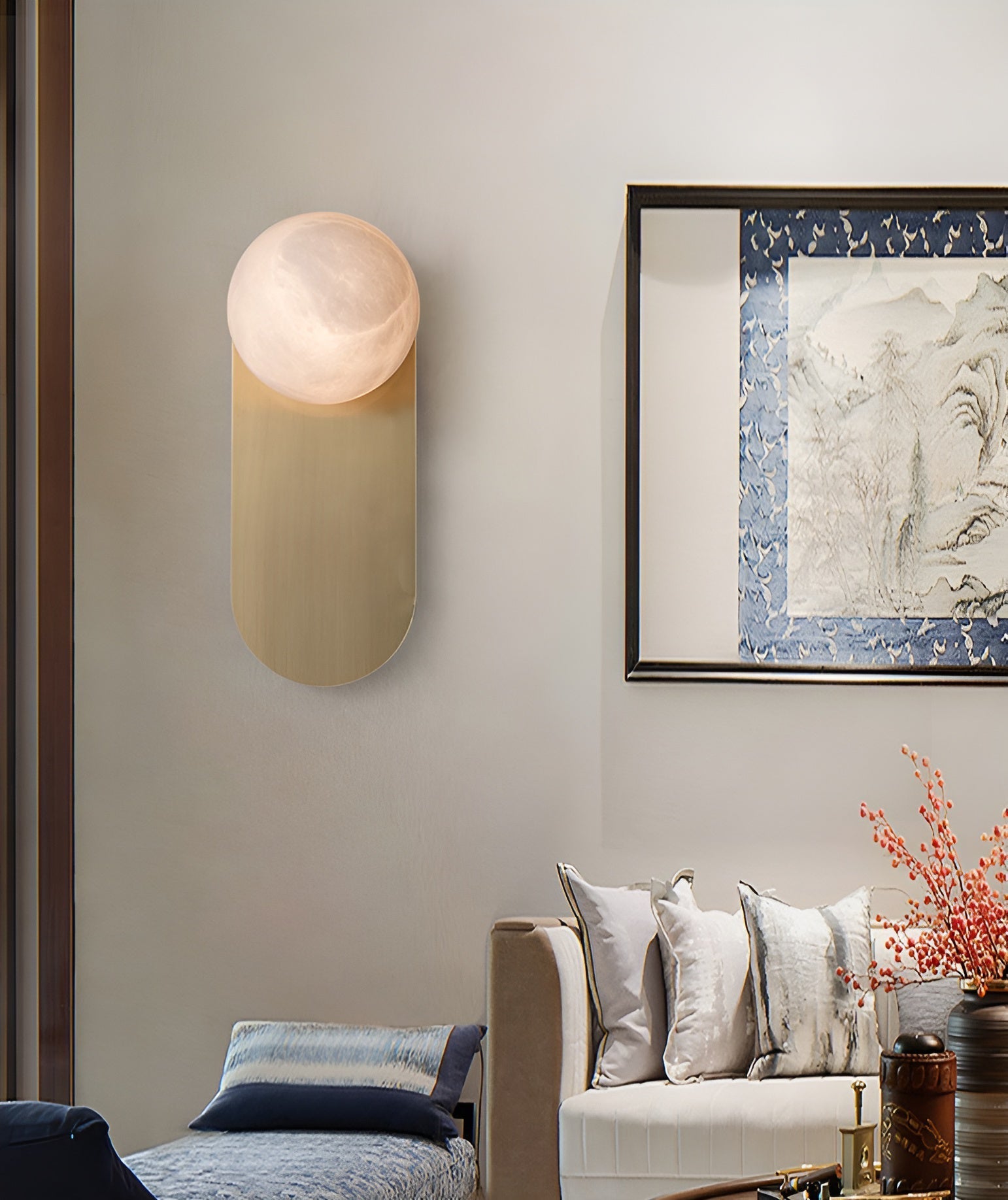 Savio Wall Light next to natural linen and timber textures in a Savio-Sabi bedroom