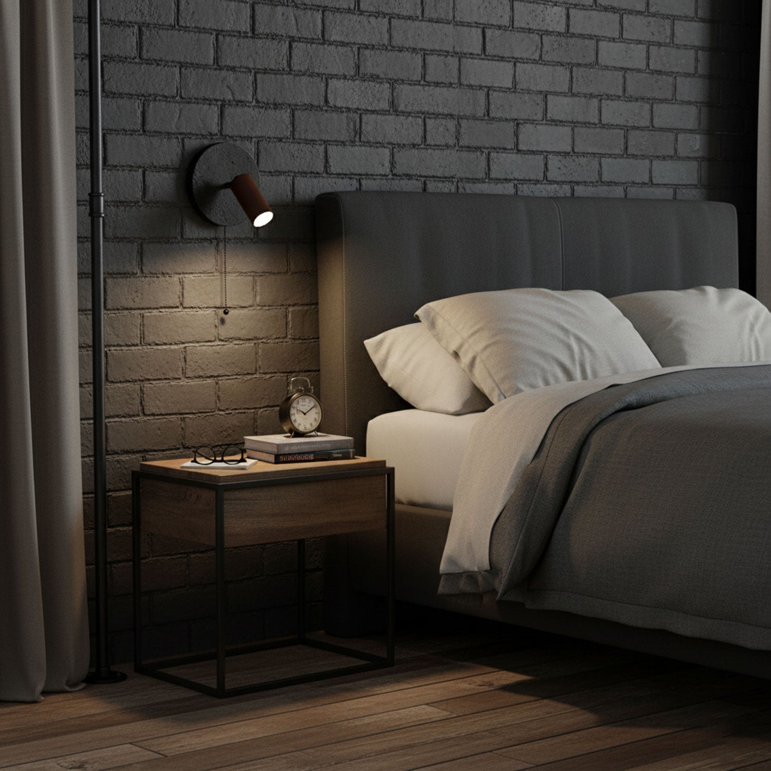 Miru matte black travertine wall light installed at reading height on a bedroom wall