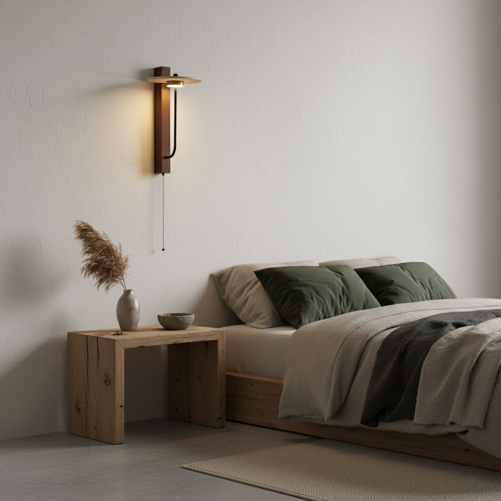 Walnut wood arm detail of the Sumi travertine stone wall light sconce